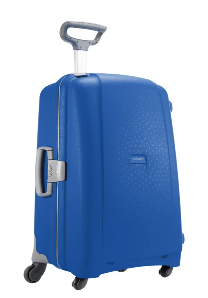 A Samsonite Aeris Spinner suitcase, which is 81cm in the colour Vivid Blue