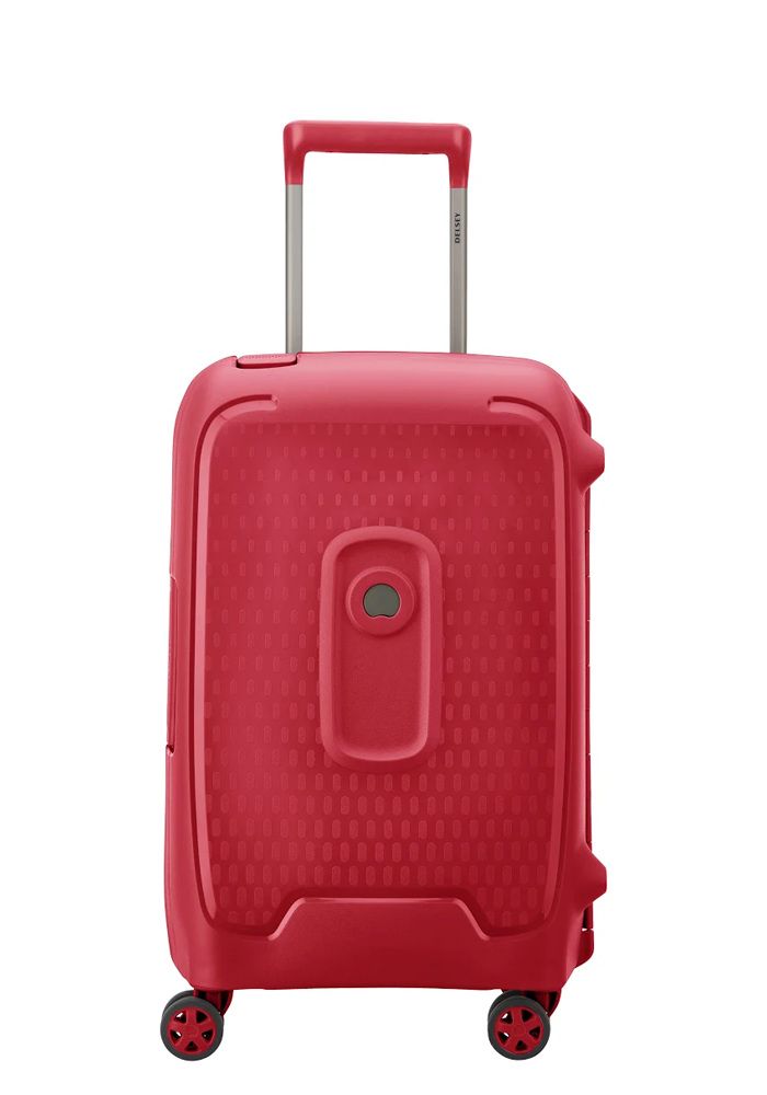 the side view of aDelsey Moncey Spinner Suitcase 55cm Slim in the colour Red